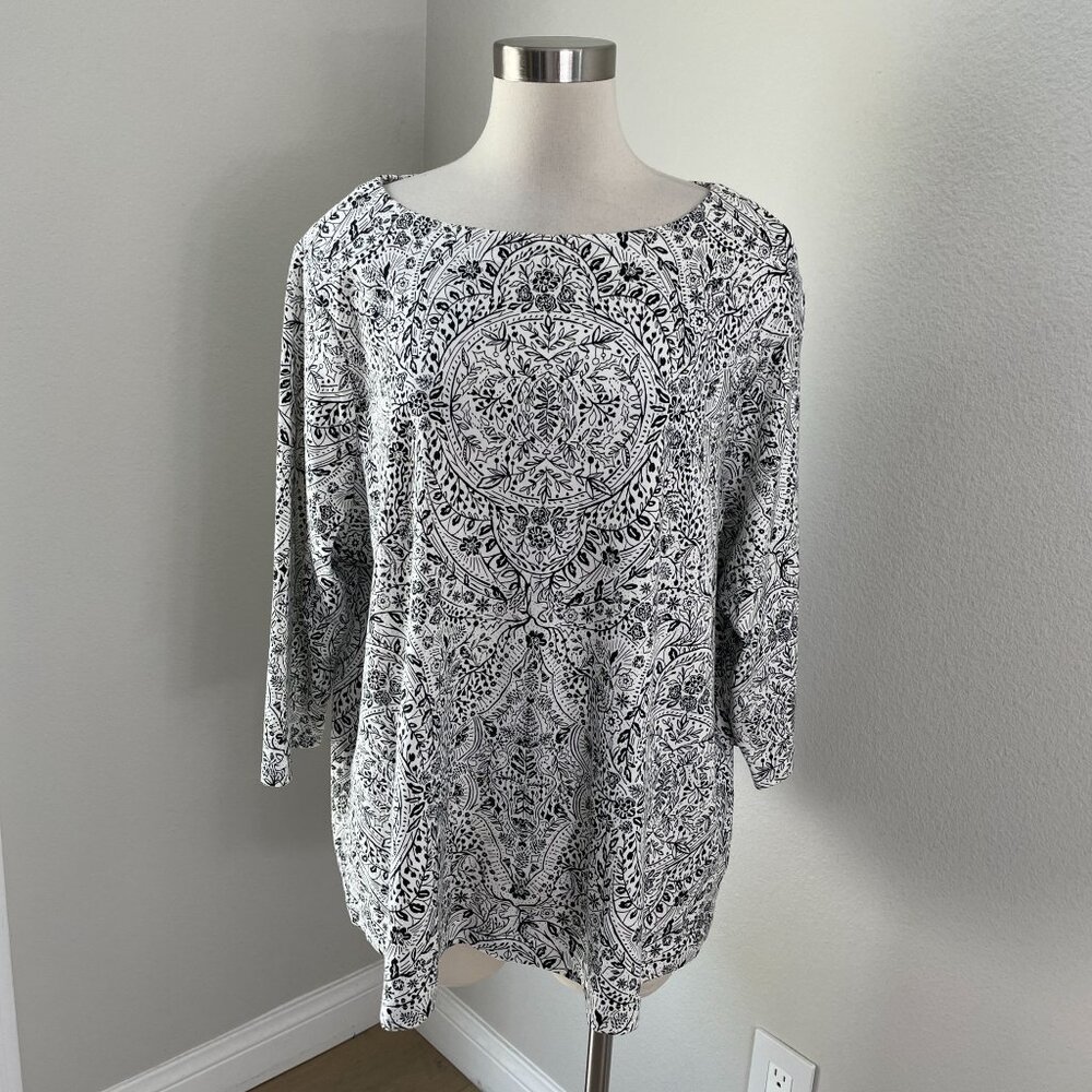 Croft & Barrow Womens‎ Plus 2X Black White Floral Boatneck Cotton Top Shirt